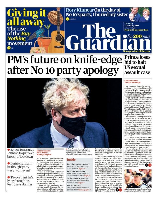 Guardian - PM’s future on knife-edge after No 10 party apology 