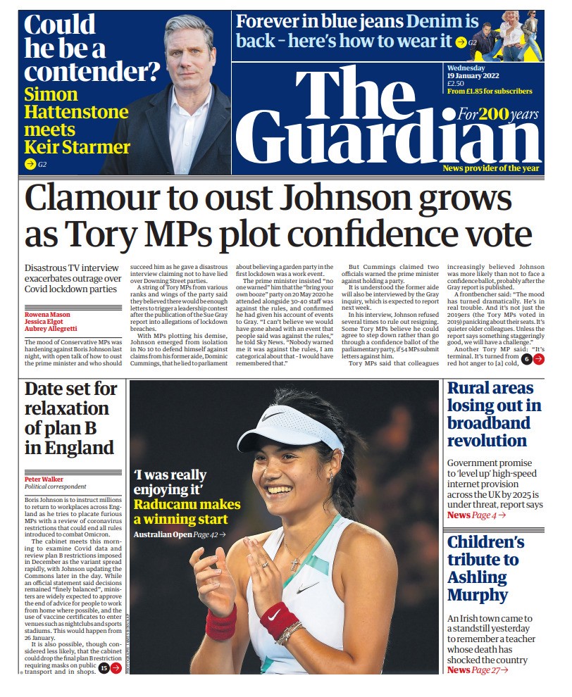 The Guardian - Clamour to oust Johnson grows as Tory MPs plot confidence vote Tory MPs have told The Guardian they believe there will be enough no confidence letters to trigger a leadership contest after the publication of Sue Gray’s report into allegations of lockdown breaches.
