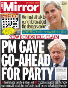 Daily Mirror – PM gave go-ahead for No 10 party