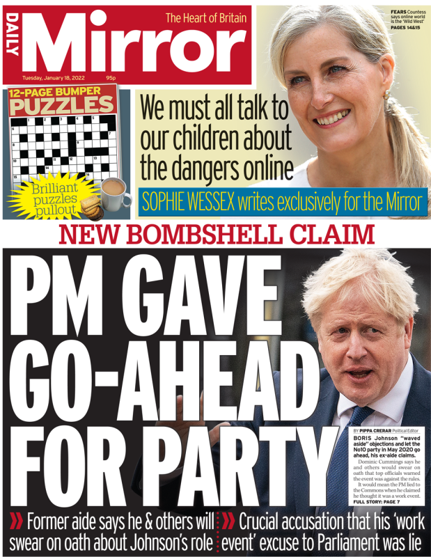 Daily Mirror - PM gave go-ahead for No 10 party