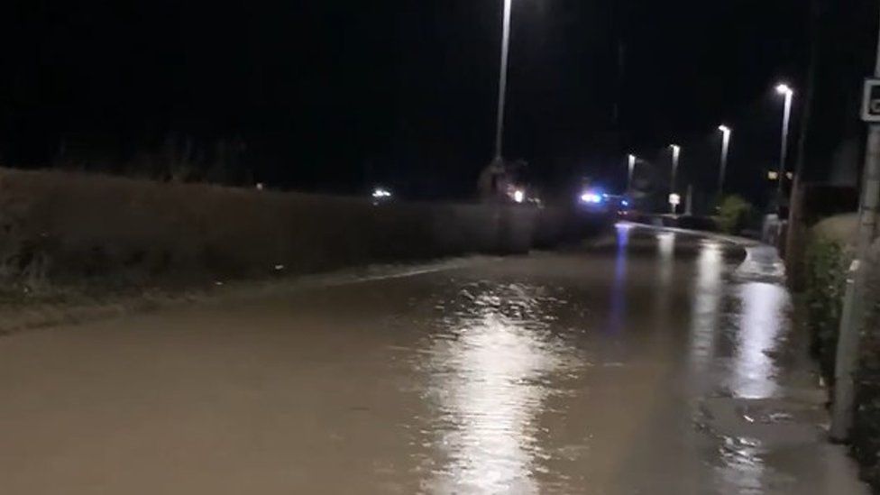 Storm Franklin Llandinam residents rescued by boat - The A470 was unpassable at Llandinam after the River Severn burst its banks