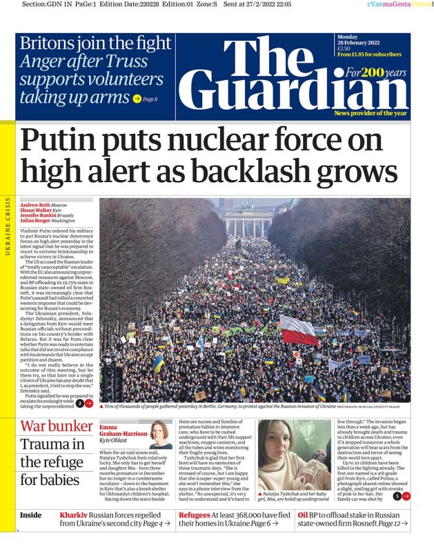 The Guardian - Putin puts nuclear forces on high alert as backlash grows