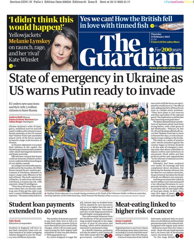 The Guardian - State of emergency in Ukraine as US warns Putin ready