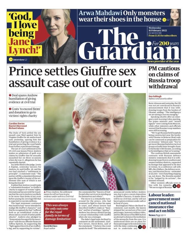 The Guardian - Prince settles Giuffre case out of court