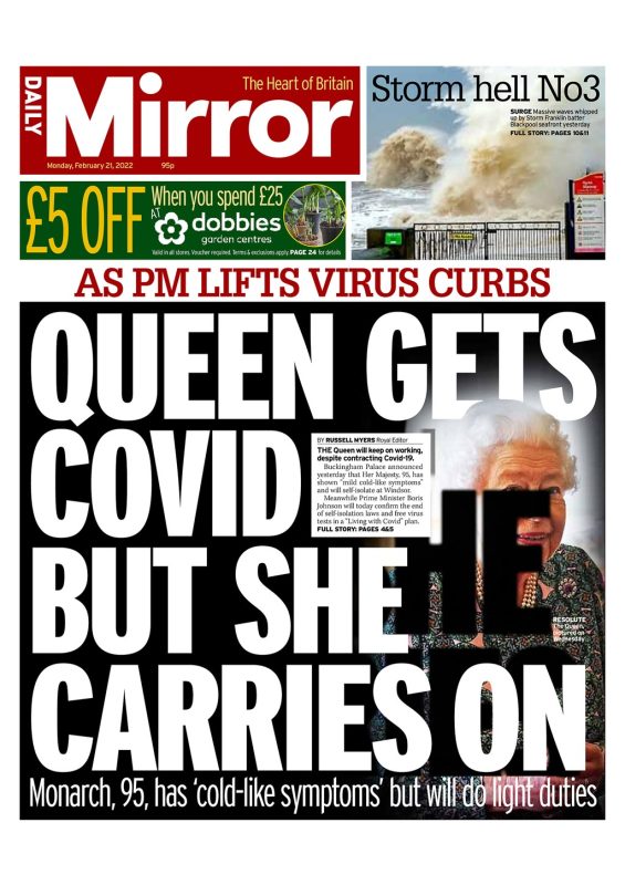 Daily Mirror - Queen catches Covid but she carries on