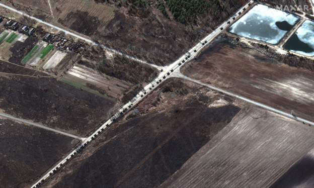 Image shows a 40 mile Russian convoy heading to Kyiv