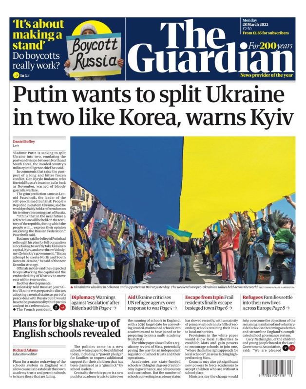 The Guardian - Putin wants to split Ukraine into two