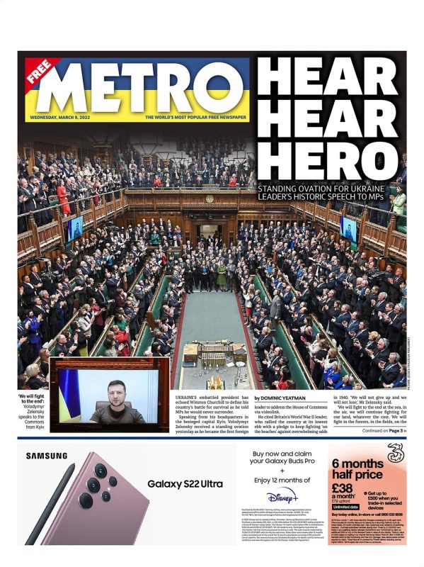 Metro - Standing ovation for Zelensky - Hear, Hear, Hero