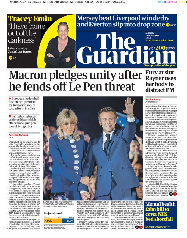 The Guardian - Macron pledges unity after he fends off Le Pen threat