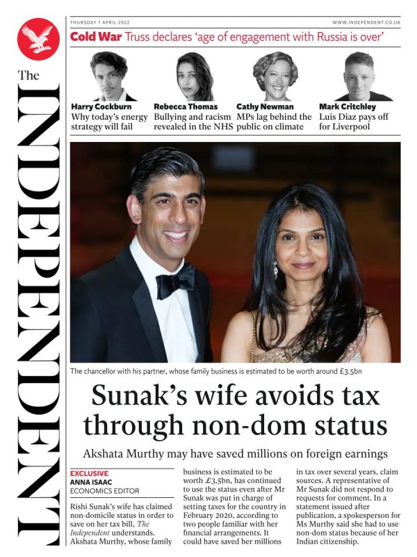 The Independent - Sunak’s wife avoids tax through non-dom status