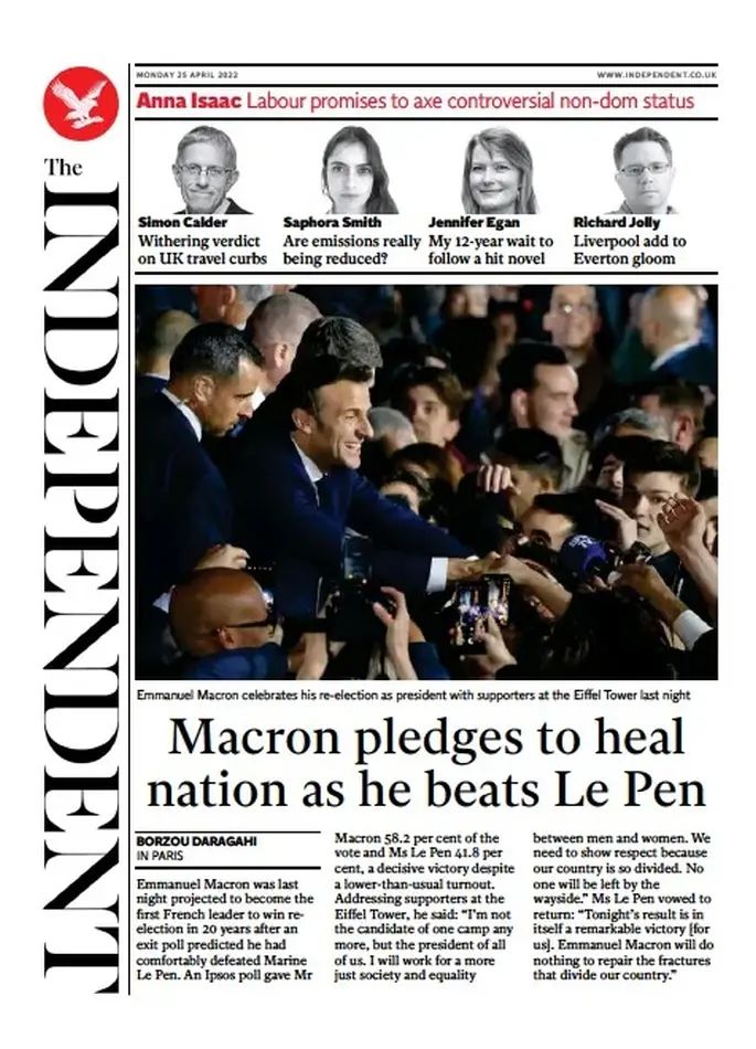 The Independent - Macron pledges to heal nation as he beats Le Pen