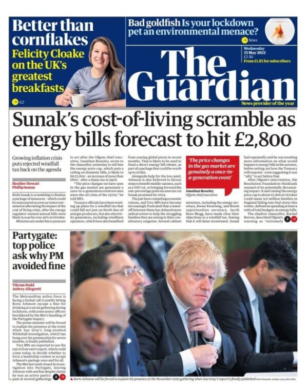 The Guardian - Sunak’s cost of living scramble as energy bills forecast to hit £2,800