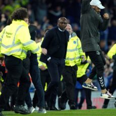 Patrick Vieira kicks Everton fan to the ground during pitch invasion at Goodison Park
