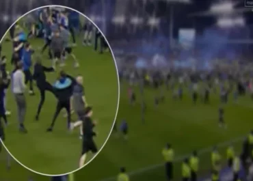 Patrick Vieira kicks fan during pitch invasion after Crystal Palace defeat by Everton