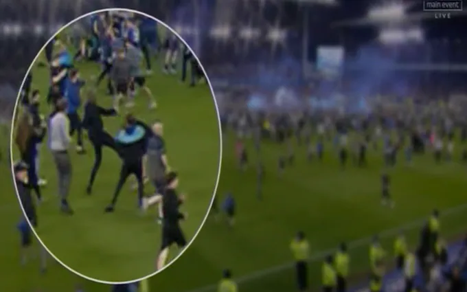 Patrick Vieira kicks fan during pitch invasion after Crystal Palace defeat by Everton