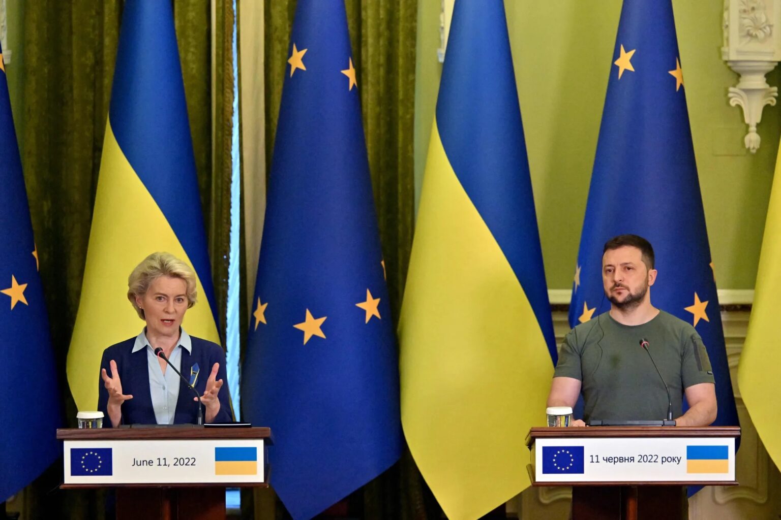 The EU grants Ukraine candidate status with Ukrainian President Volodymyr Zelensky and European Commission President Ursula von der Leyen in Kyiv