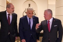 Israel and Jordan joint venture - Jordan's King Abdullah II (R) and Jordan's Foreign Minister Ayman Safadi (L) received Israeli Prime Minister Yair Lapid at al-Husseiniya Palace in Amman