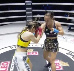 Watch bare knuckle fighter Tai Emery celebrate stunning KO victory by lifting up top and flashing BOOBS to crowd