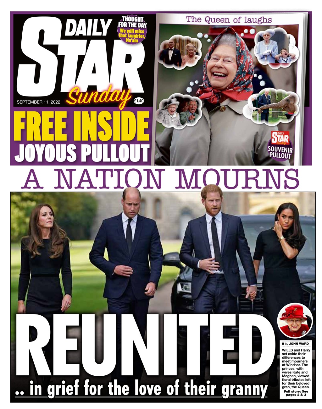Sunday Papers: Queen’s death - Prince William and Harry reunited in griefDaily Star Sunday - A nation mourns: William and Harry reunited in grief 
