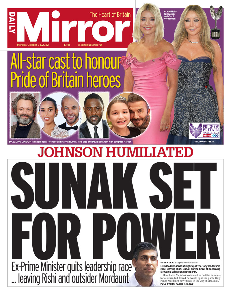 Daily Mirror - Johnson humiliated: Sunak set for power