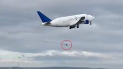 Shocking moment Boeing 747 loses a WHEEL moments after takeoff