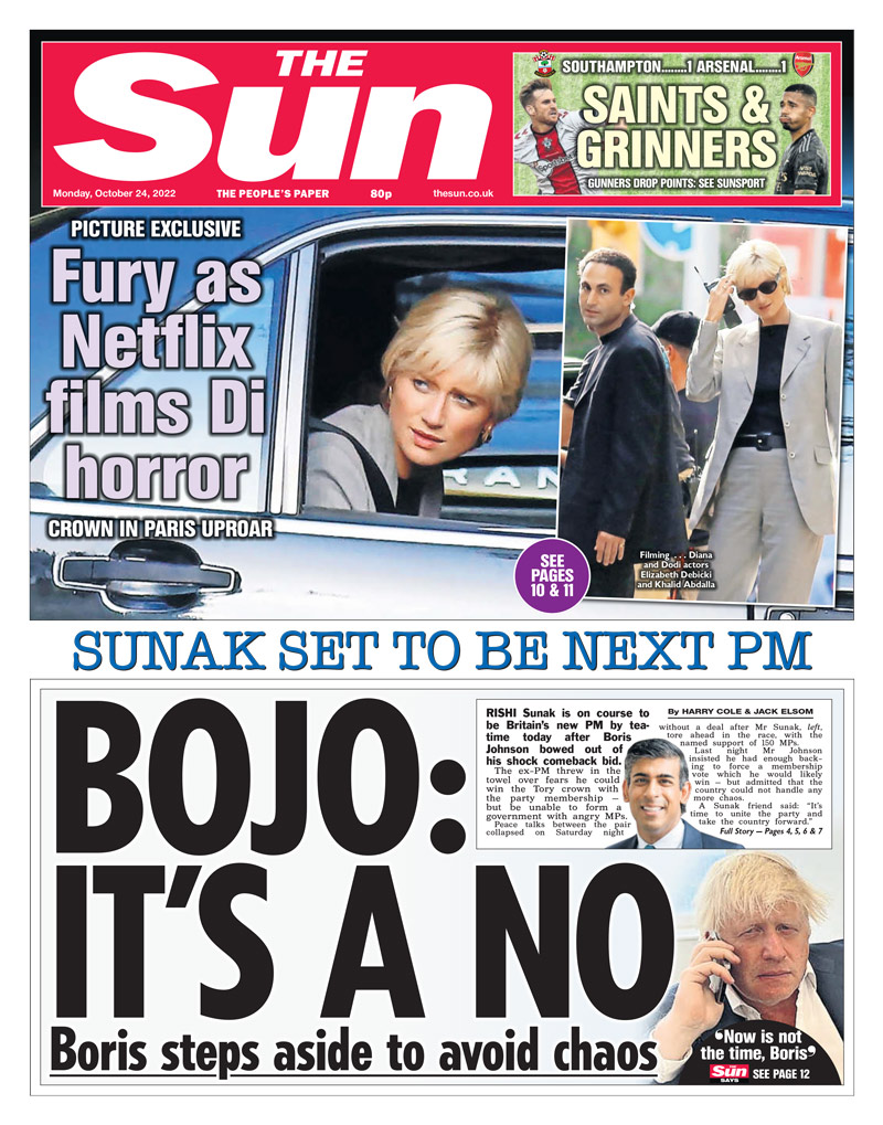 The Sun - Sunak set to be next PM - Bojo: It’s a no 