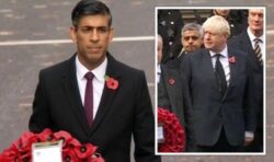 Boris Johnson and Liz Truss watch Rishi Sunak lay wreath at Cenotaph as they join ex PMs