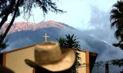 Gas and ash plume rises from crater after Chaparrastique volcano explosion in San Miguel