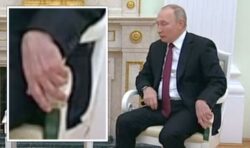 Putin health fears reignited as Russian leader hands turn ‘purple’ while he clutches chair