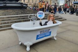 Love Island’s Faye Winter painted and confined to bathtub in London protest against ‘cruel’ marine parks