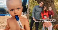 Binky Felstead’s toddler chews on her positive pregnancy test after announcing third baby is on the way 