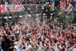 England fans back home shower each other in beer celebrating goals