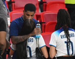 Marcus Rashford kisses fiancee Lucia Loi and Harry Kane joins wife Katie in stands as they celebrate England’s win against Wales