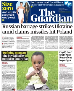 The Guardian – Russian barrage strikes Ukraine amid claims missiles hit Poland 