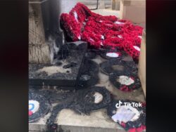 Remembrance wreaths on war memorial set on fire in ‘disgusting’ attack