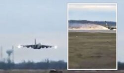 Embarrassing moment Russian fighter jet sends sparks flying in botched emergency landing