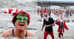 Brave festive swimmers strip off to take a Christmas Day dip in icy cold waters