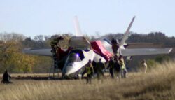 Moment F-35 pilot ejects after crash landing in fighter jet