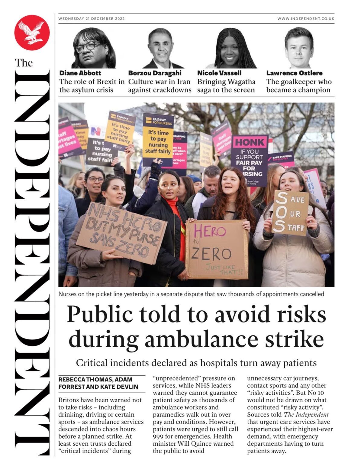 The Independent – Public told to avoid risks during ambulance strikes 