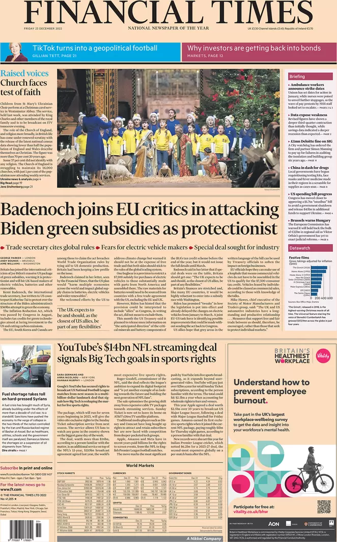 Financial Times- Badenoch joins EU critics in attacking Biden’s green subsidies as protectionist