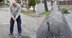 Exasperated pensioner plays golf in the 121 potholes on his road