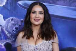 Salma Hayek shows off plunging dress she wore to Marc Anthony’s wedding and fans can barely cope   
