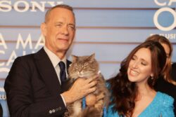 Tom Hanks and kitty co-star Smeagol look smart in matching ties at A Man Called Otto screening and it is truly adorable content