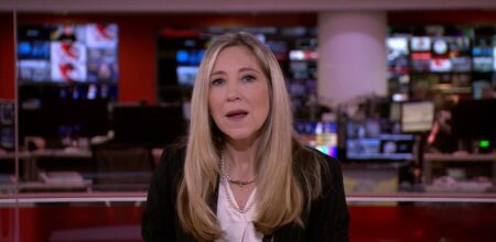 Joanna Gosling gets choked up while signing off BBC News for last time after voluntary redundancy amid changes at broadcaster