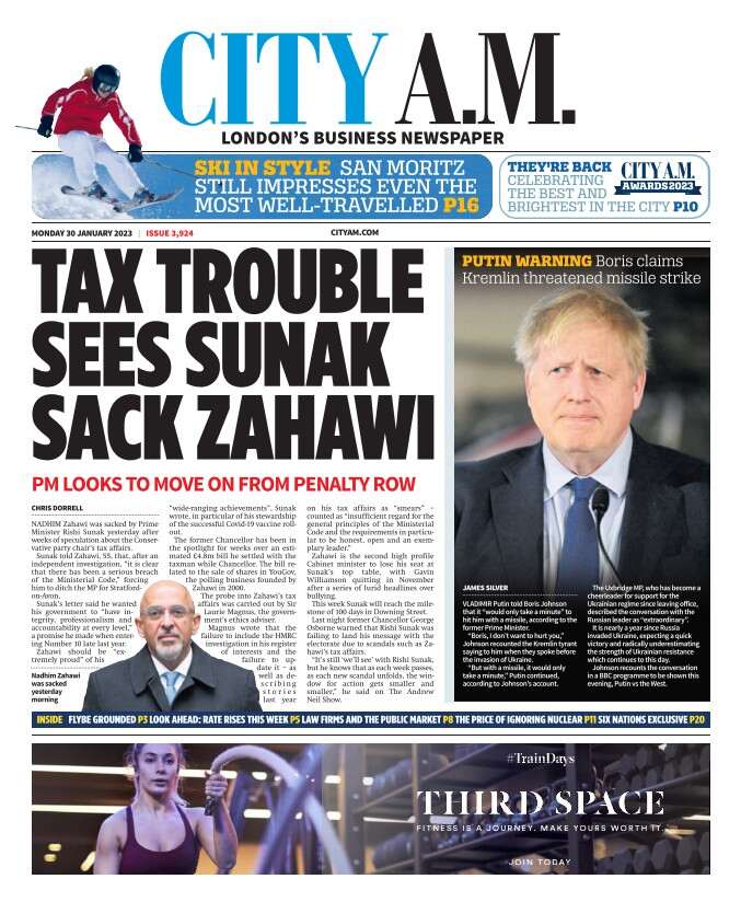 City AM - Tax trouble sees Sunak sack Zahawi 