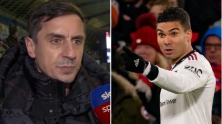 Gary Neville reacts to Casemiro blow and makes Arsenal vs Manchester United prediction