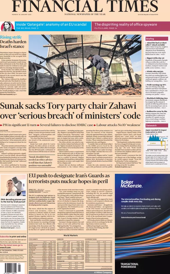 Financial Times - Sunak sacks Tory party chair Zahawi over ‘serious breach’ of ministers’ code 