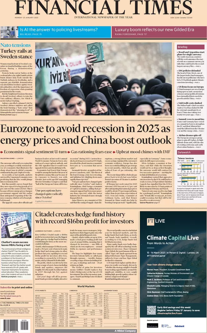 FT - Eurozone to avoid recession in 2023 as energy prices and China boost outlook 
