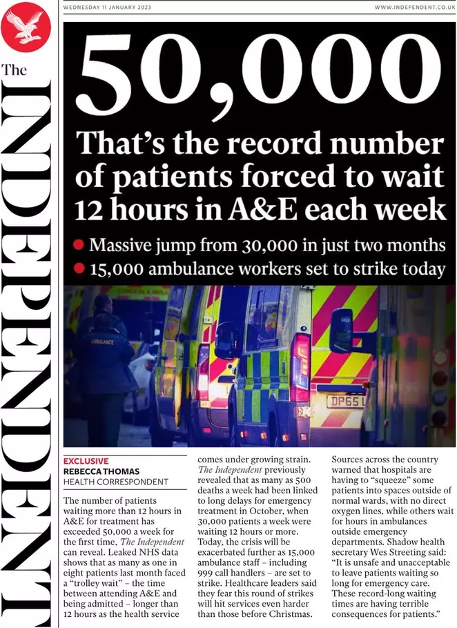 The Independent - 50,000 - that’s the record number of patients forced to wait 12 hours in A&E each week