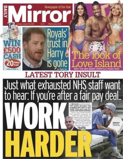 Daily Mirror – Latest Tory insult: Work Harder 